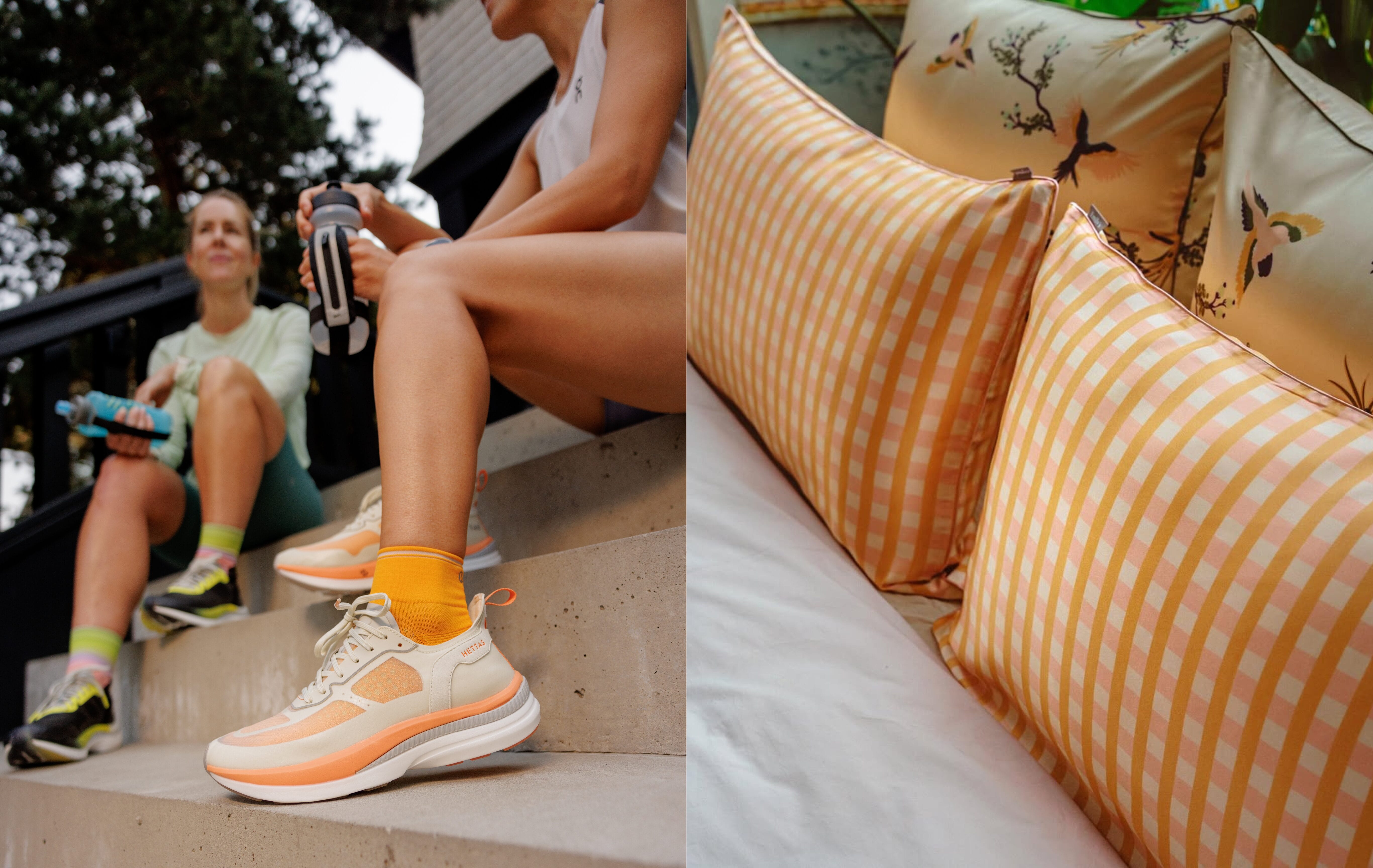 Two people sitting on stairs wearing Hettas shoes. On the other half of the image, we see silk pillowcases with white and orange checkered patterns from the French brand Emily's Pillow.